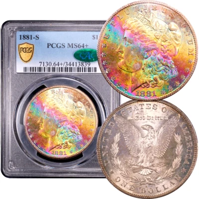 1881-S Morgan Dollar $1 Rainbow Toned PCGS MS64+ CAC - Image 1 of 4