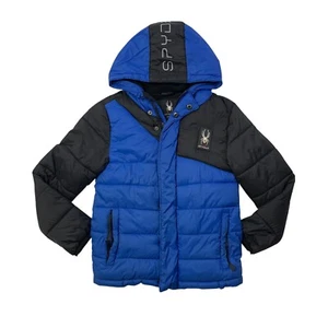 Spyder Jacket Boys Youth S Blue Black Circuit Puffer Fleece Lined Hooded Puffer - Picture 1 of 10