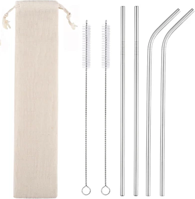 Set of 4 Reusable Metal Straws, Long Stainless Steel Straw with Cleaning Brus...