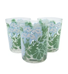 Three (3) Vintage MCM Georges Briard Blue Green Floral Old Fashioned Glasses - Picture 1 of 7