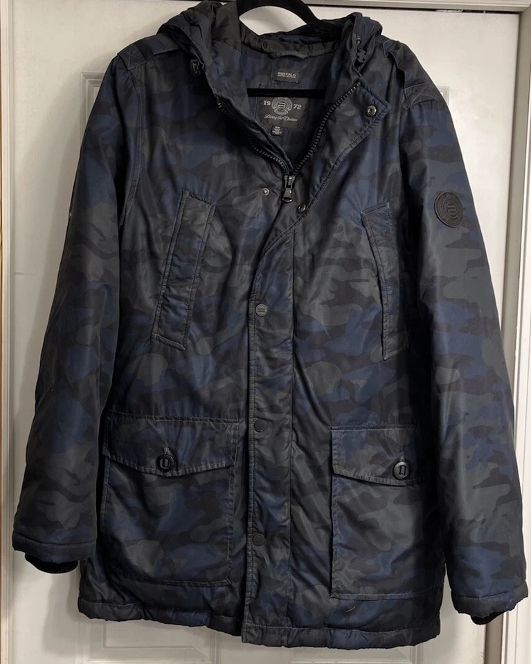 Buffalo David Bitton 绗缝 Puffer 夹克外套男式中号迷彩蓝色派克大衣 — 第 1/4 张图片