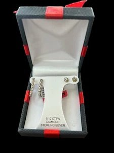 Juego de 2 piezas de pendientes diseño de perno y aro oro de 14 quilates sobre plata, diamante 1/10  - Imagen 1 de 4