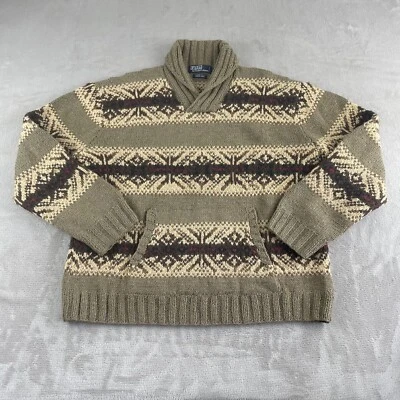 Vintage Polo Ralph Lauren Shawl Sweater Men XL Fair Isle Wool Silk Hand Knit - Изображение 1 из 4
