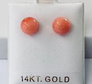 Solid 14K Gold  Genuine Natural  Pink Coral  8.8 m Round Ball  Stud Earrings NEW - Picture 1 of 8
