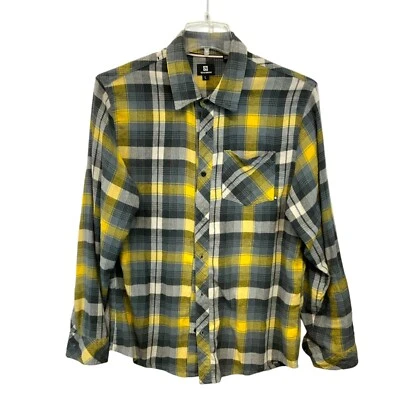 L OCEAN CURRENT 100% 棉纽扣格子法兰绒衬衫男式黄色灰色 — 第 1/4 张图片