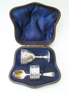 1873 STERLING SILVER VICTORIAN CHRISTENING SET EGGCUP NAPKIN RING & SPOON - Picture 1 of 23