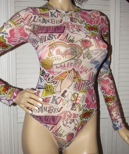Mesh bodysuit top blouse 1 piece Laser Kitten Logo Wording print Hi-neck HTF - Picture 1 of 18