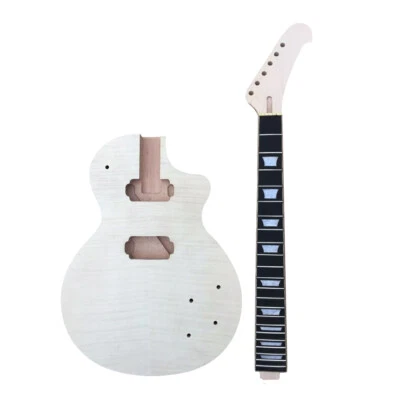 1set Guitar Kit 22fret Guitar Neck Mahogany Flame Maple Cap Set in Guitar Body - Image 1 of 4