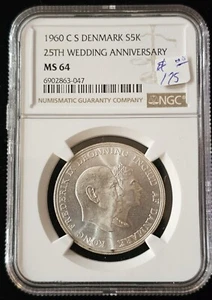 1960 5 Kroner Denmark Frederik IX 25th Wedding Anniversary NGC MS64 - Picture 1 of 2