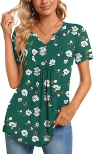 Womens Short Sleeve Tunic Tops Henley Shirt V Neck Button up Blouse Casual Pleat - Picture 1 of 12