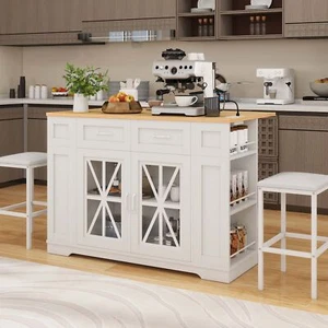 Kitchen Island w/Storage 2 Bar Stools & Drop Leaf Outlet Portable Islands Table - Picture 1 of 9