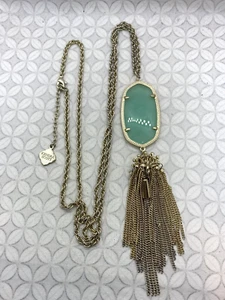 Kendra Scott Rayne Long Pendant Necklace Light green Chalcedony Gold tone Used - Picture 1 of 9