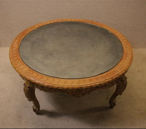 Italian Hand Carved Round Fruit wood Coffee Table With Mirrored Top Cover