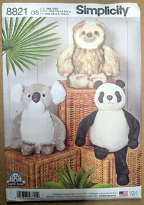 Simplicity 8821 One Size CRAFTS 15'' Stuffed Animals Sloth Panda Koala Uncut - Picture 1 of 3