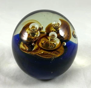 Vintage Hand Made Art Glass Controlled Bubbles Cobalt Blue & Gold Paperweight - Picture 1 of 7