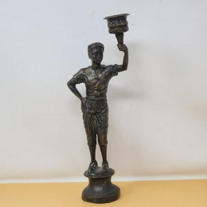 Bronze Decorative Male Raising Torch Figurine Candle Holder Vintage Statue - Picture 1 of 11
