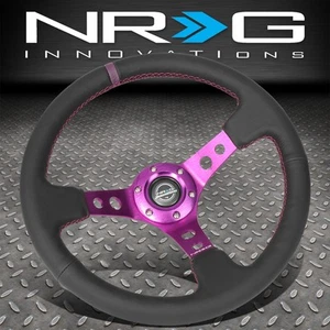 NRG RST-006PP 350MM 3"DEEP DISH RACING STEERING WHEEL BLACK LEATHER PURPLE SPOKE - Picture 1 of 5