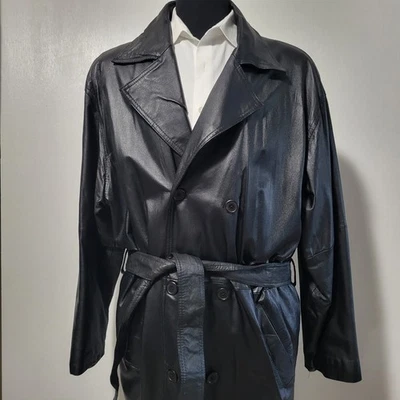 Global Identity G-iii VTG Men’s Classic Leather Trench coat Jacket Sz XL Black  - Image 1 of 4