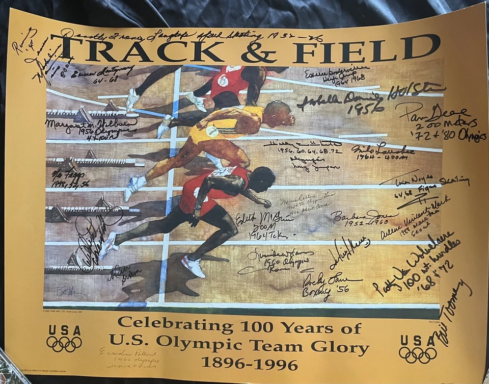 Foto póster autografiada de los Juegos Olímpicos de Estados Unidos 1996 Bill Toomey RARO Jackie Joyner  Foto 1 de 1