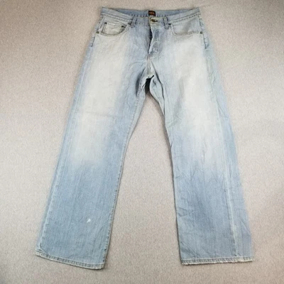 Fossil Jeans 男式尺寸 34X32 蓝色水洗漫步者合身 100% 棉优质纽扣门襟 — 第 1/4 张图片
