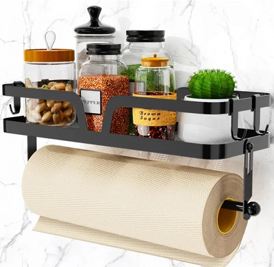 TAOZUN Paper Towel Holder With Shelf Kitchen Spice Rack Black Roll Holder RV 4 Hooks