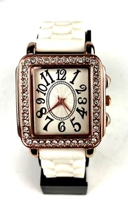 FMD Women's Watch Rose Gold Jeweled Bezel White Silicone Band - New Battery Runs - Picture 1 of 5