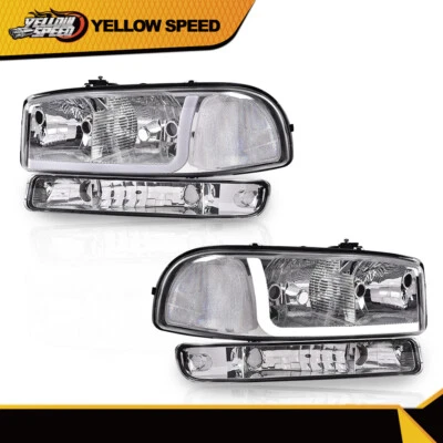 Fit For 99-07 GMC Sierra 1500-3500 LED DRL Chrome/Clear Headlights +Bumper Lamps - Image 1 of 4