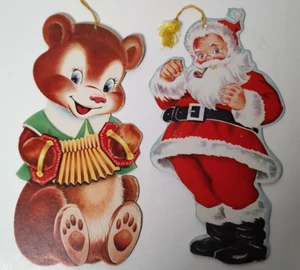 2-VTG 50's Santa Claus and Bear Christmas Decoration Die Cut Holiday 2 sided 14" - Picture 1 of 9