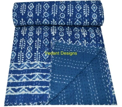 Edredón Kantha Doble Estampado Abstracto Azul Índigo Geométrico Algodón Ralli Tiro Decoración Foto 1 de 4