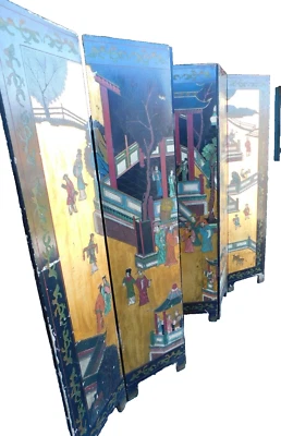 Винтажный 6-футовый паназиатский коромандельный черный лак 6-панельный комнатный разделитель экран музыка - Изображение 1 из 4