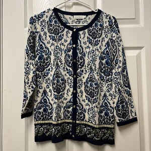 Spartina 449 merino wool floral gold button down cardigan size Large EUC - Picture 1 of 8