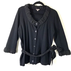 J Jill Womens Black Cardigan Sweater Sz L Cotton Angora Blend Chiffon Trim - Picture 1 of 11