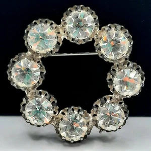 Austrian Crystal VTG Circle Brooch Clear Stones Prong Set - Picture 1 of 8