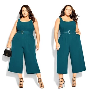 City Chic Plus Size XXL 24 Women's Jumpsuit Elegant Jade Green Wide Leg Belt NWT - Picture 1 of 13