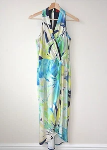 Turquouise+Lime Abstract Leaf Halter Neck Twist Wrap High Low Midi Dress Size 10 - Picture 1 of 12