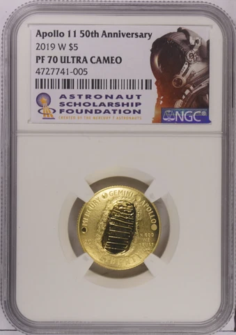 2019W $5 ⭐TOP POP⭐ Gold Apollo 11 50th Anniversary Coin NGC PF70UC Box/COA Cover