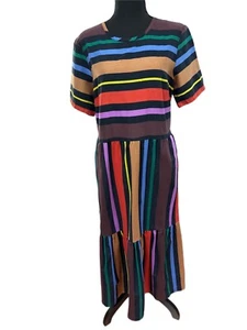 Chelsea & Theodore Dress Woman Sz Lg Rainbow Stripe Midi Elasticized Back Ruffle - Picture 1 of 3