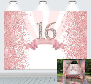 Sweet 16 Backdrop For Girls Pink 16th Birthday Party Decoration Background 