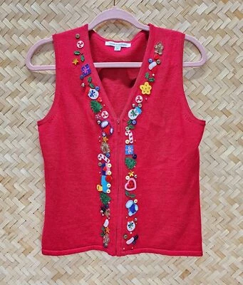 Colete de Natal vintage enfeitado vermelho zíper completo com remendos de sinos miçangas tamanho PS - Imagem 1 de 4
