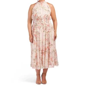 NUEVO CON ETIQUETAS TAYLOR Mujer Plus Estampado Floral Cintura ahumada Niveles Halter Midi Vestido 16-24 - Imagen 1 de 6