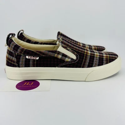 Taos Women's Rubber Soul Burgundy Plaid Canvas Slip On Comfort Sneakers Size 8 - Image 1 of 4