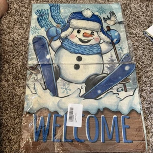 Welcome Blue Skiing Snowman Blue Jay Bird Garden Flag 12X18 Double Sided, Burlap - Picture 1 of 5
