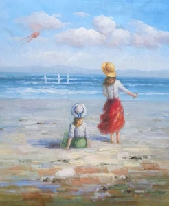 24x20 junge Mädchen Drachen fliegen Strand bewölkt himmelblau Meer Boote Ölgemälde - Bild 1 von 1