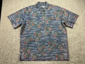 VINTAGE Reyn Spooner Shirt Men XL Blue Hawaiian Floral Leaves Roses 1/4 Button - Picture 1 of 12