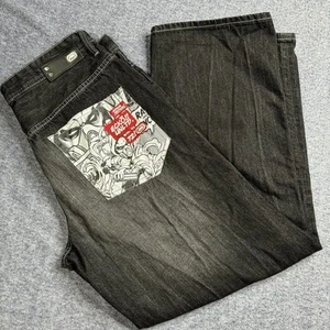 Ecko Unltd Men 38X32 Baggy-Fit Jeans Black Denim Comic Print Vintage Y2K Hip Hop - Picture 1 of 10