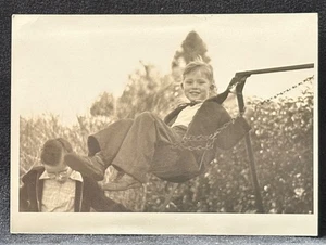 HAPPY LITTLE BOY FLYING HIGH ON A SWING - EARLY PHOTOGRAPH - Bild 1 von 3