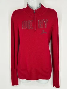 DKNY Red Gray Bling Embellished Half Zip Pullover Sweater Women's Size Medium - Picture 1 of 9