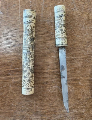 Старинный японский нож танто с костяной ручкой и ножнами - Изображение 1 из 4