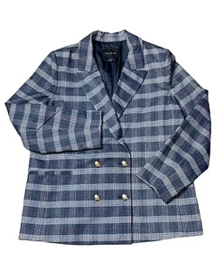 Banana Republic Womens 18 Gray Gold Button Double Breasted Plaid Blazer Jacket - Picture 1 of 12