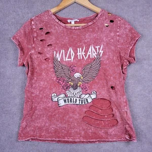 DEREK HEART Shirt Women's Large Rusty Cropped Ripped Blouse Thrashed Tee Stretch - Picture 1 of 9